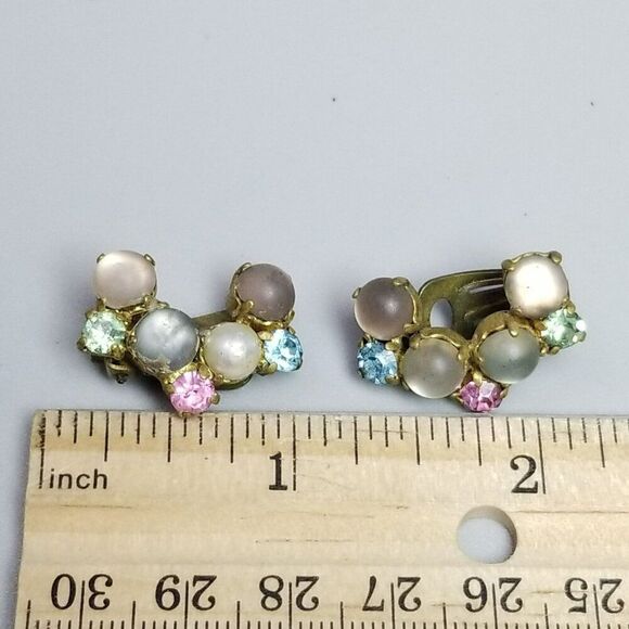 Vintage Made in Germany Pastel Rhinestone Moonglow Clip On Earrings Retro Estate - Picture 6 of 9